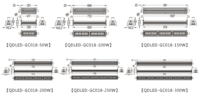 (QDLED-GC018)仓库吊装条形模组LED工厂灯/LED工矿灯规格尺寸图