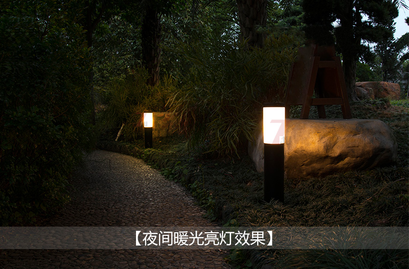(QDCPD-015)圆柱式现代led草坪灯安装实景亮灯暖光效果展示